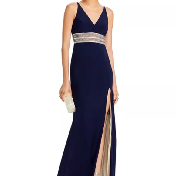 AQUA Embellished-Waist Gown - Exclusive Navy Blue Sz 12 - Picture 1 of 17